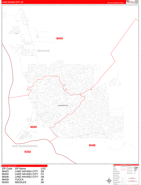 Lake Havasu City Arizona Zip Code Wall Map (Red Line Style) by MarketMAPS